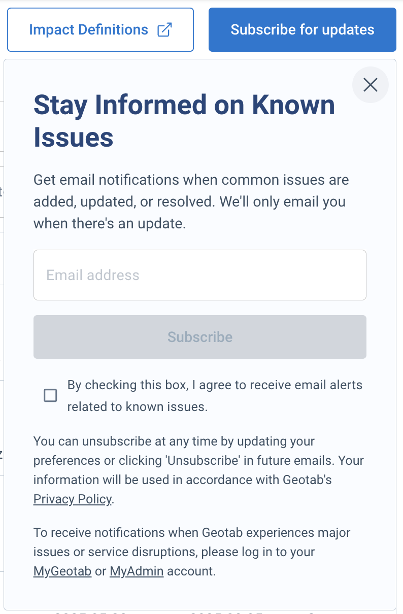 Known issues email subscription sign up in MyGeotab